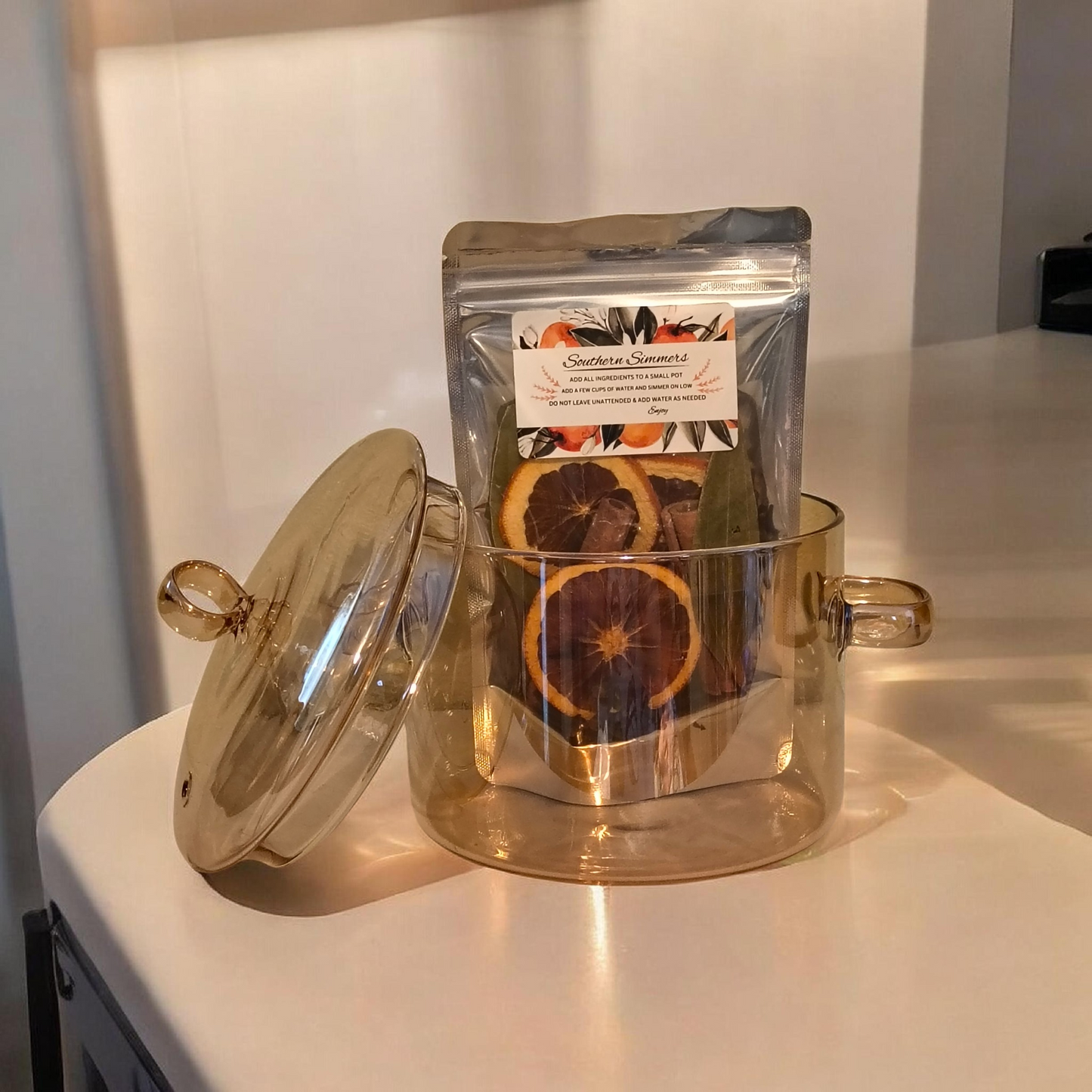Amber Colored Glass Simmer Pot w/Aromatic Ingredient Simmer Kit