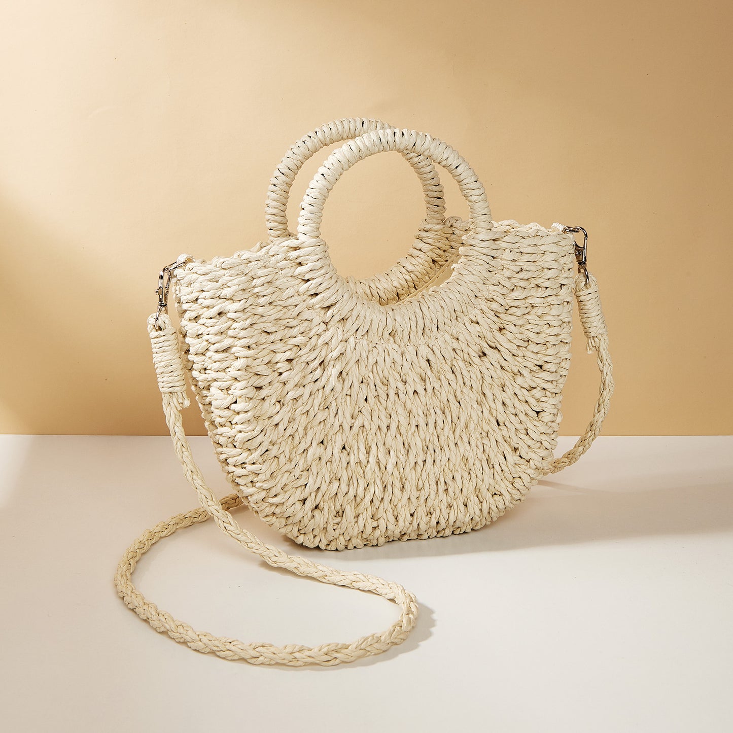 Off White Oval Straw Shoulder Bag