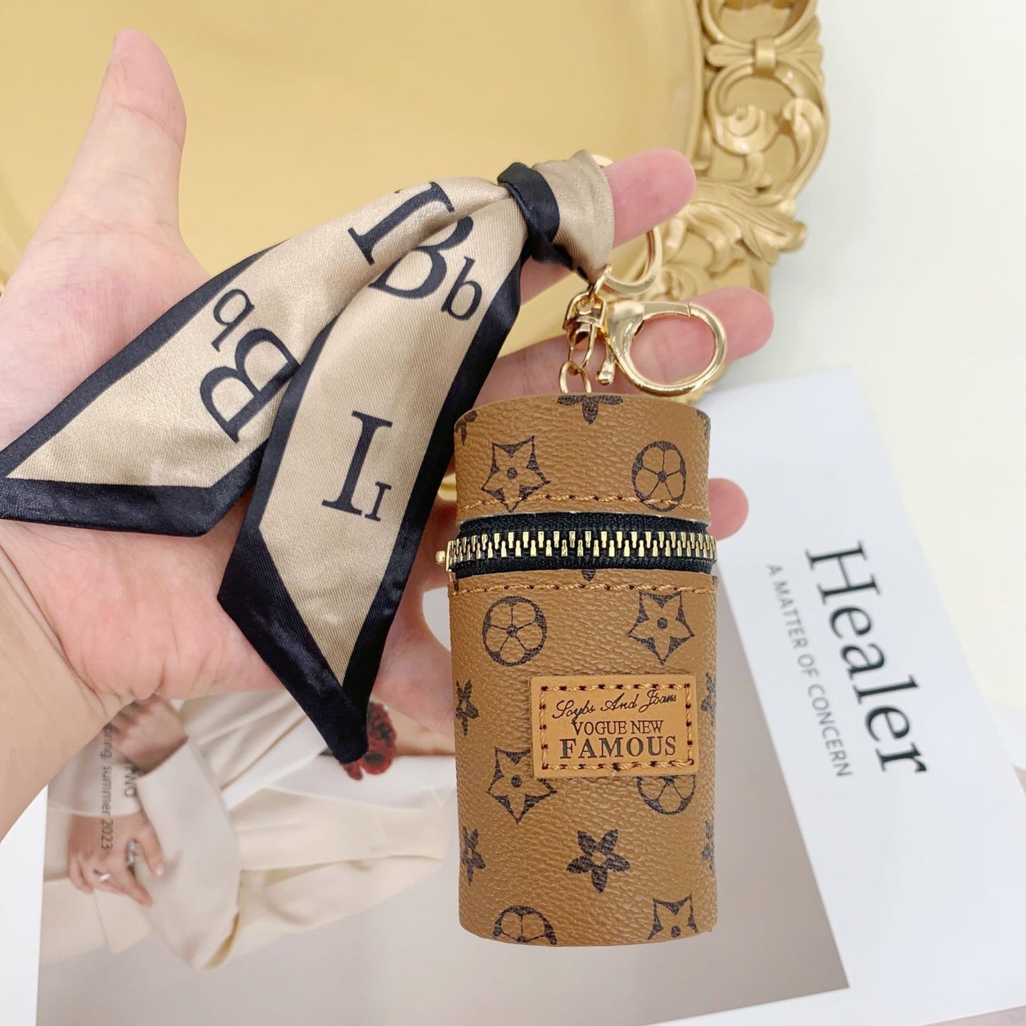 Khaki Fashion Ribbon Retro Lipstick Bag Pu Coin Purse Ladies Bag