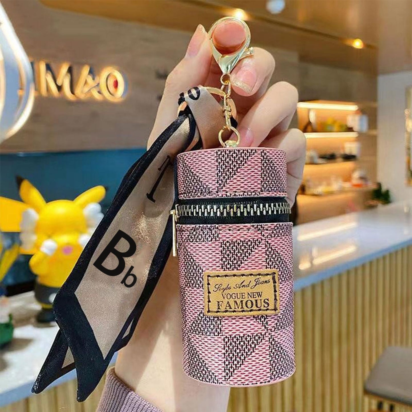 Pink/Brown Fashion Ribbon Retro Lipstick Bag Pu Coin Purse Ladies Bag