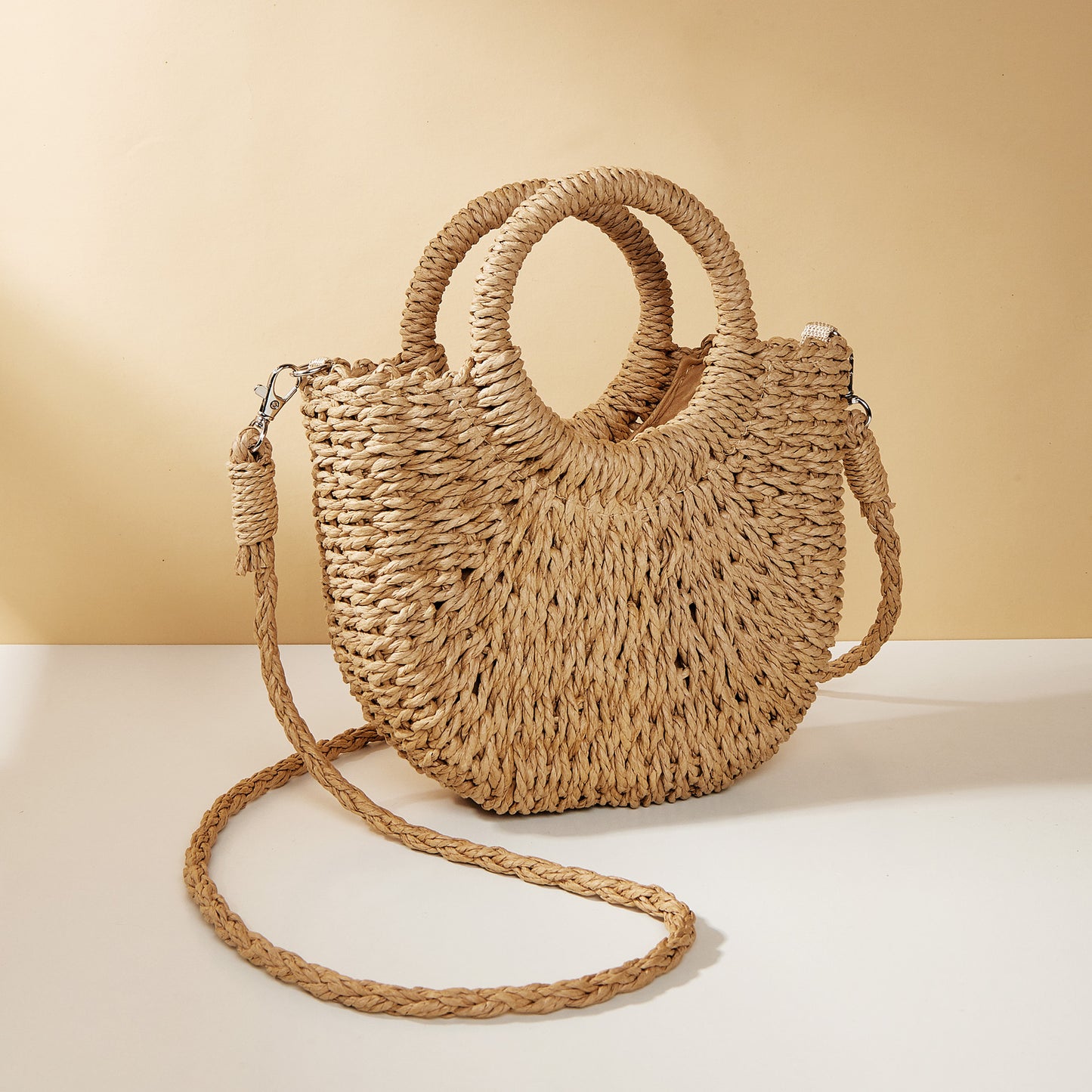 Camel Oval Straw Shoulder Bag